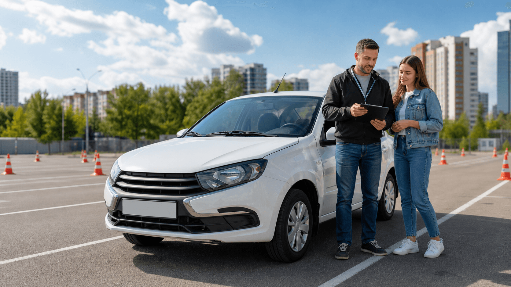 Инструктор и ученик автошколы Пантера рядом с учебным автомобилем